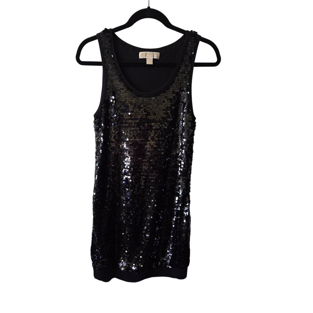 Michael Kors Black Sequined Knit Party Dress with Ribbed Trim Women's Size XS
